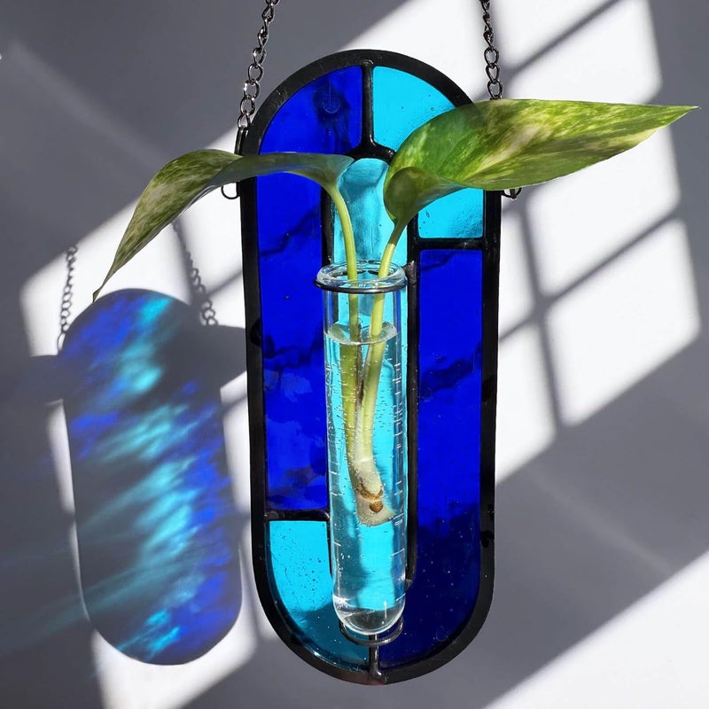 LITMIND Transparent Blue Stained Glass Propagation Station - Handcrafted Suncatcher Hanging Planter with 2 Glass Tubes, Multi-Color Hydroponic Wall Décor for Windows, Home & Garden - Image 2